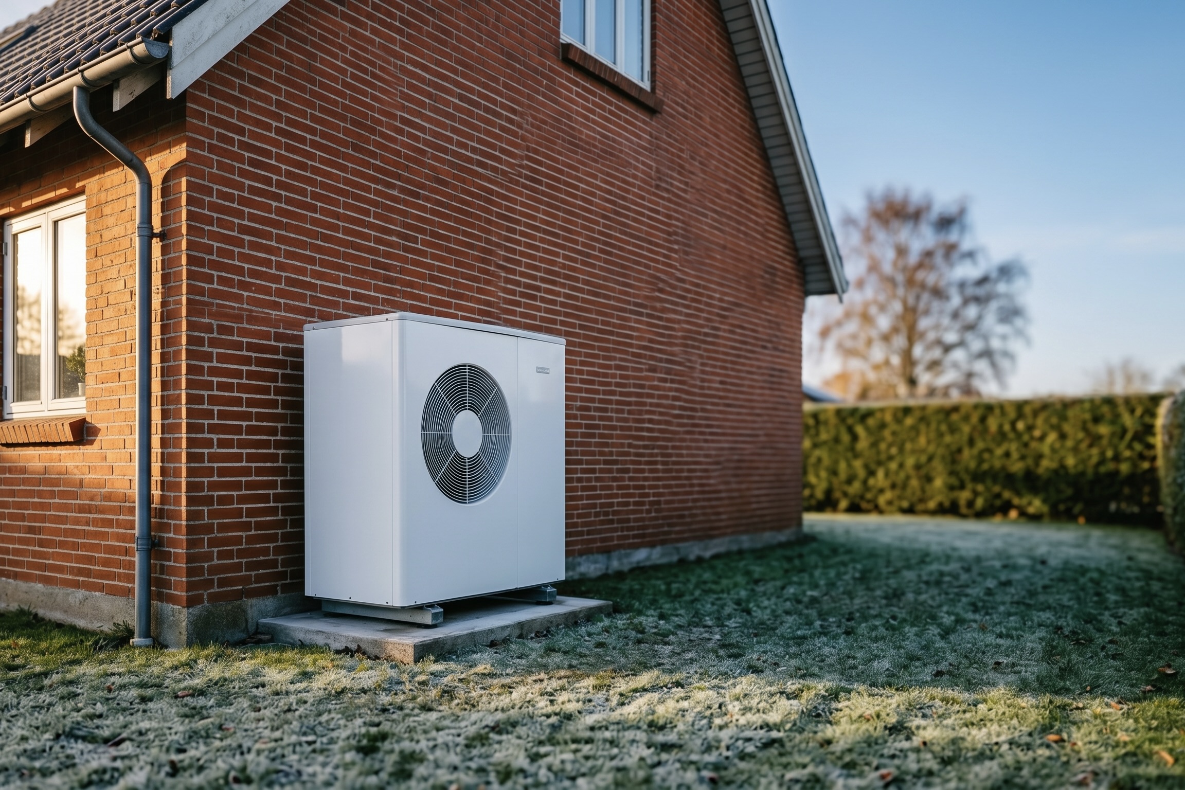 Moderne luft-til-vand varmepumpe installeret ved dansk parcelhus