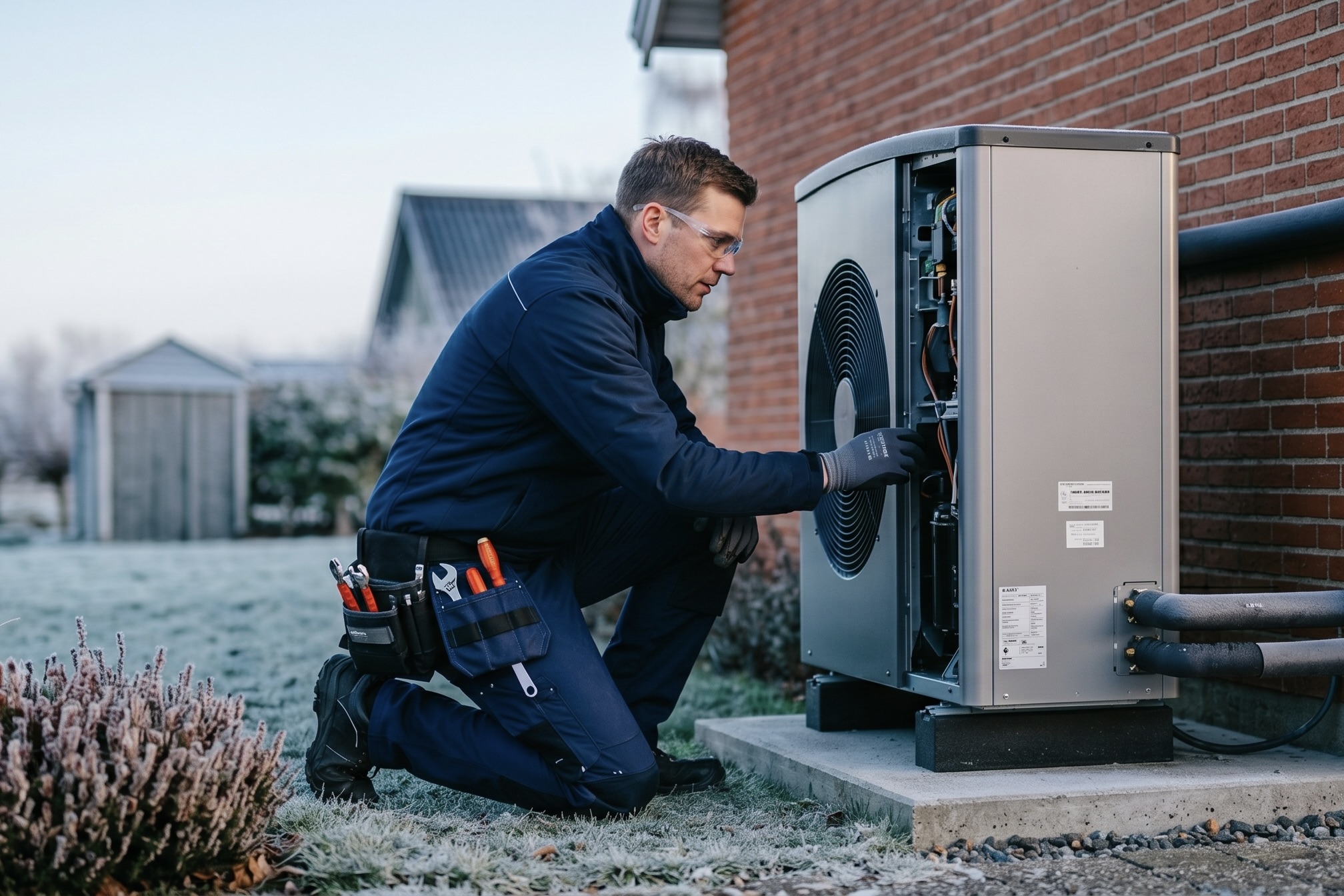 VE-godkendt tekniker installerer varmepumpe ved dansk bolig